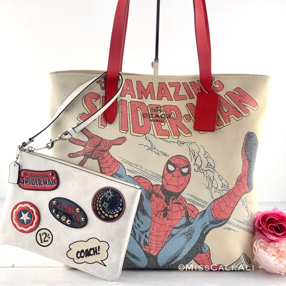 NWT COACH X MARVEL 2PC Spider-Man Tote Bag Gallery Pouch - Picture 1 of 16